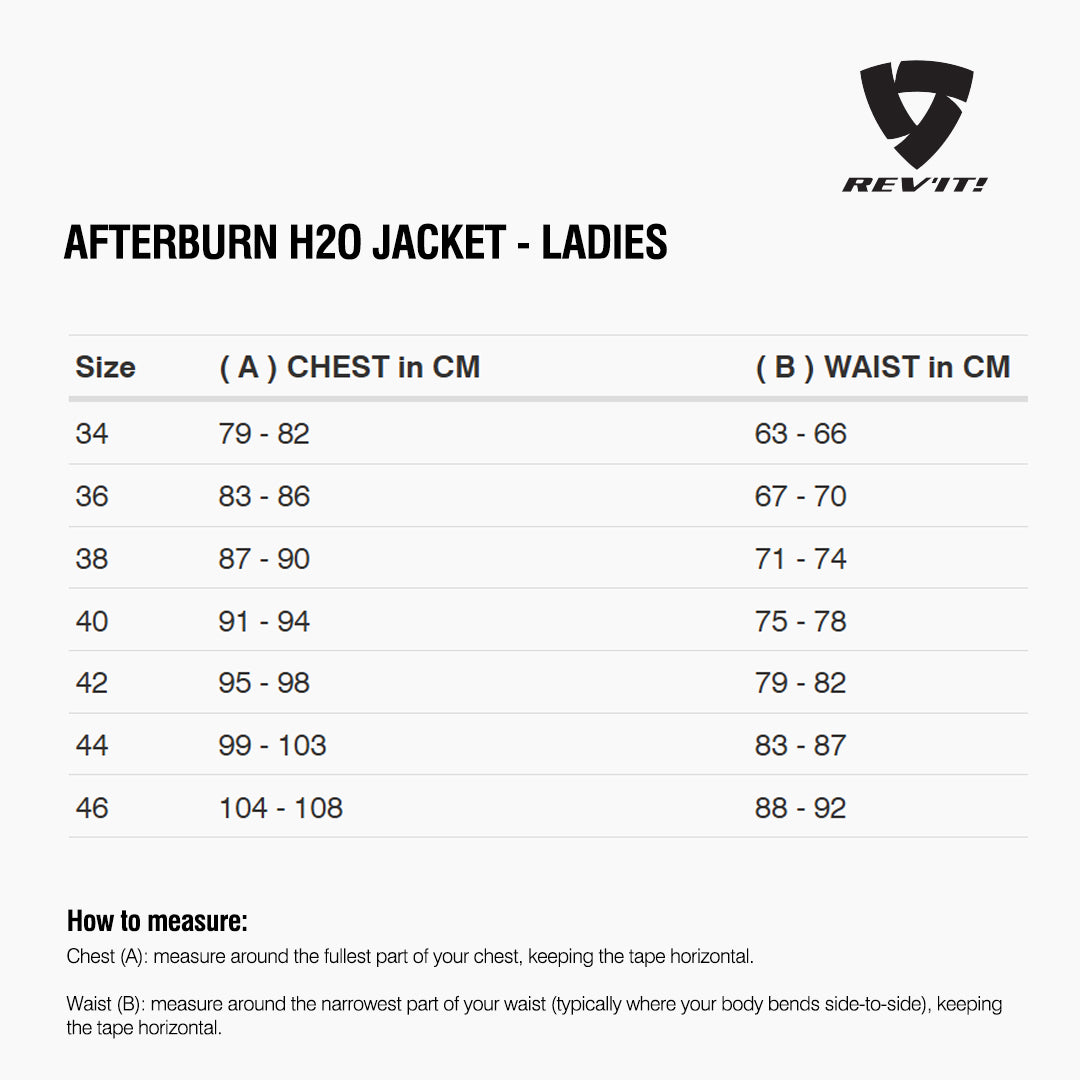 Size chart for REVIT Afterburn H2O Jacket - Ladies