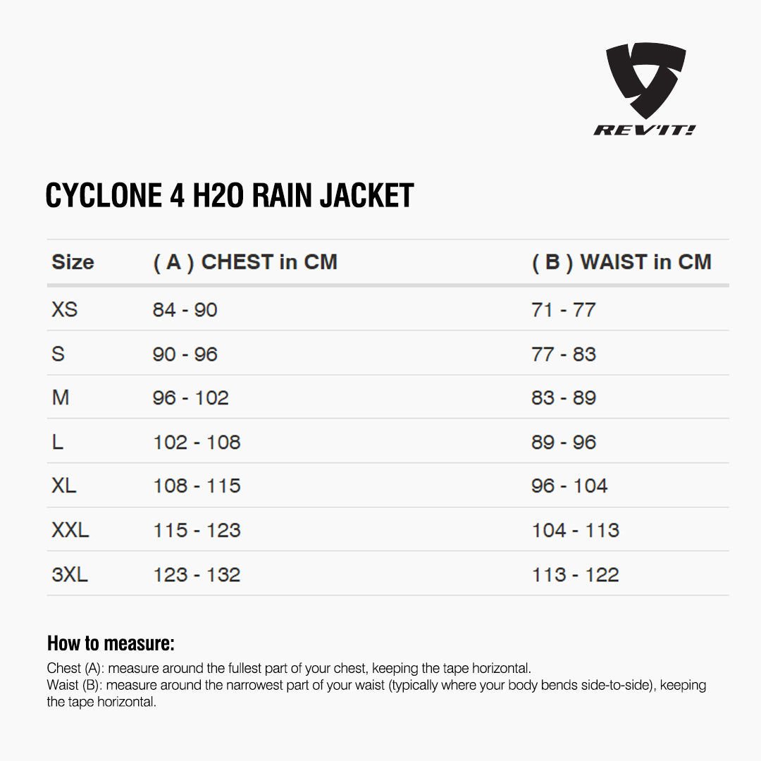 Size chart for REVIT Cyclone 4 H2O Rain Jacket